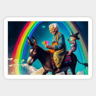 Old Woman on a Donkey with Playing Cards - Greeting Card Sticker